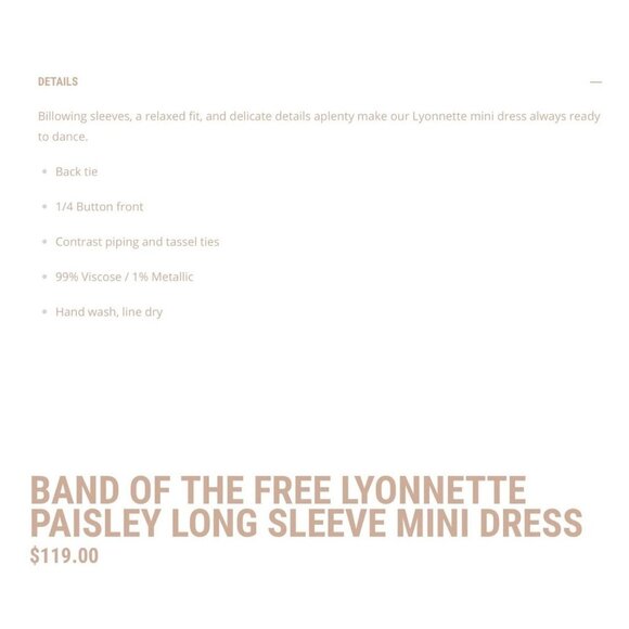 Band Of The Free Size S Lyonnette Paisley Cream Purple Boho Mini Dress NWT - Picture 5 of 8